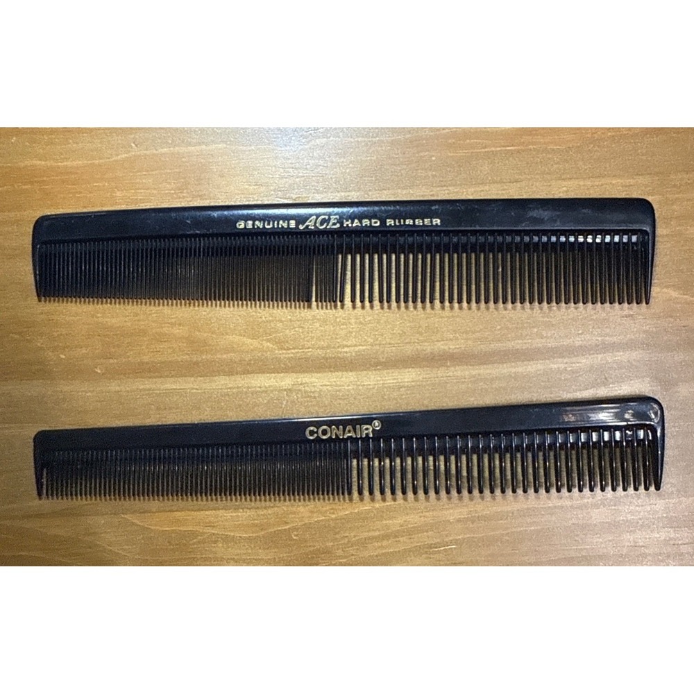 Vintage Genuine Ace Hard Rubber & Conair Black Hair‎ Combs 7" Lot Of 2